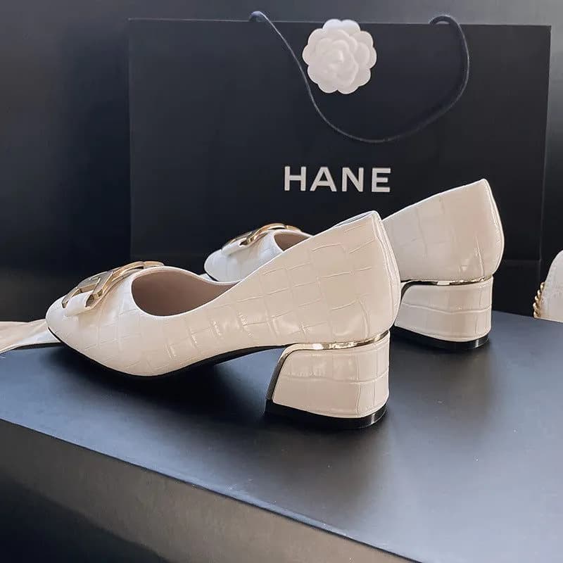 image-Square Toe Chunky Heel Shoes - Ivory White Size 43