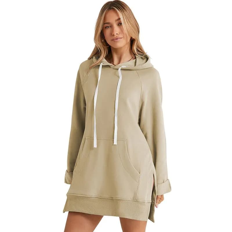 image-Women's Hooded Sweatshirt - Solid Color Mid-Length Loose Fit