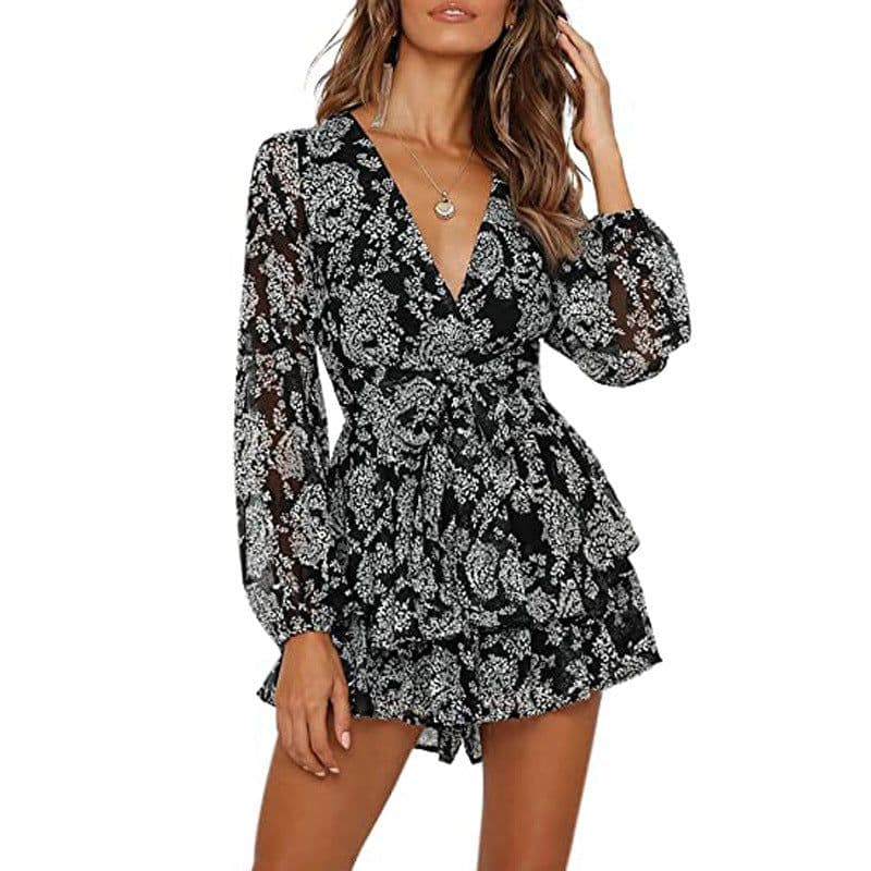 image-autumn and winter cross-border 2020 foreign trade new women's sexy V-neck dyed floral waist casual cocktail dress
