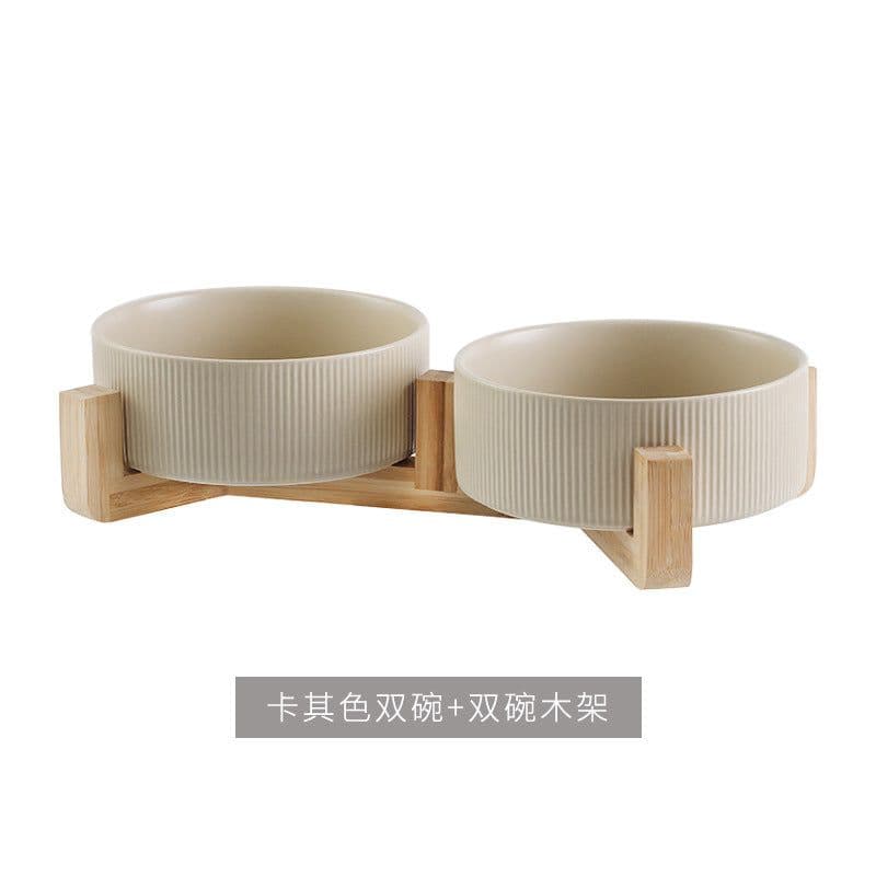 image-Hangyi Ceramics Double Bowl Pet Dish - Wooden Frame, Anti-Knock - 24 Pack