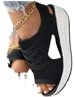 image-Women's Sandals Muffin Thick Lace Up Black Size 43