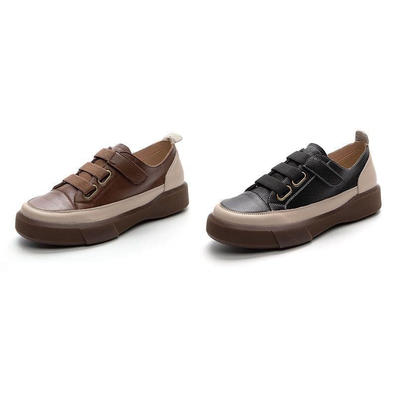 image-Retro Cowhide Women's Low-top Flats - Black 35-43