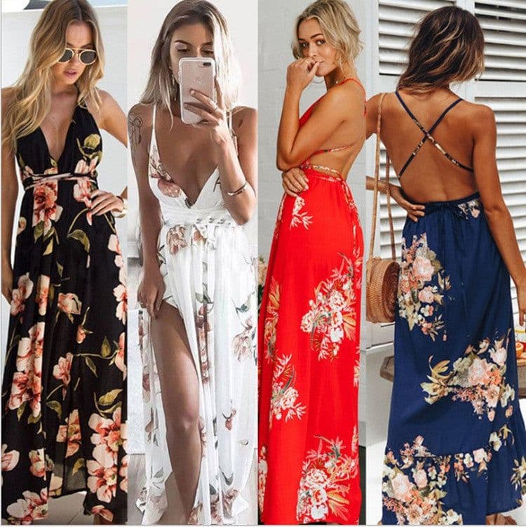 image-Yisa Meier 2021 Summer Beach Dress - Black Sexy Halter Split Print XL