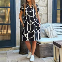 image-Women's Printed V-Neck Midi Dress - Polyester Short Sleeve