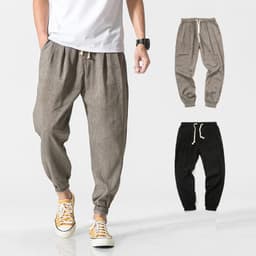 image-Jin Geyi Men's 5XL Japanese Harem Pants - Light Yellow Flax