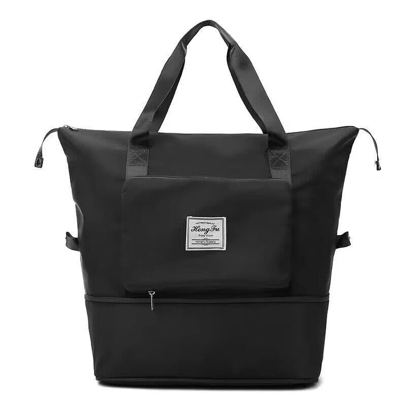 image-Foldable Travel Bag - Black Waterproof 20-35L Oxford Cloth