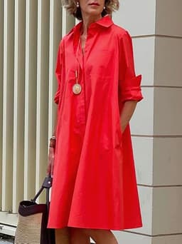 image-White Polyester Shirt Dress For Women Long Sleeve Loose Fit