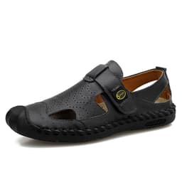 image-Men's Leather Cork Sandals - Black Non-Slip