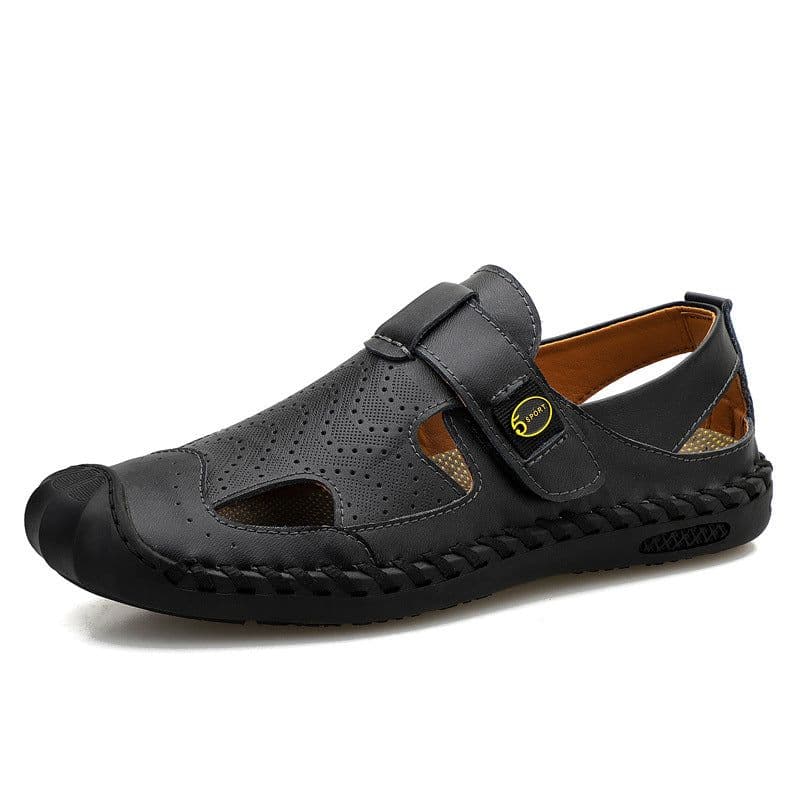 image-Men's Leather Cork Sandals - Black Non-Slip