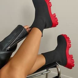 image-Women's Knit Martin Boots - Black Red High Top