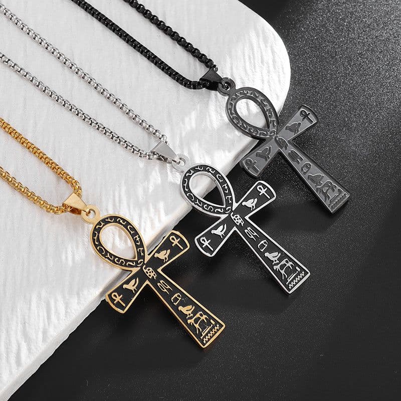 image-Egyptian Ankh Cross Titanium Steel Necklace - Unisex Silver Jewelry