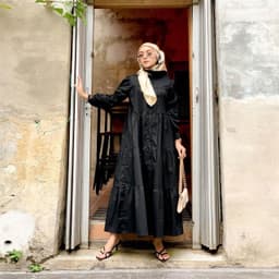 image-Cotton Blend Maxi Dress - Dark Green Puff Sleeves
