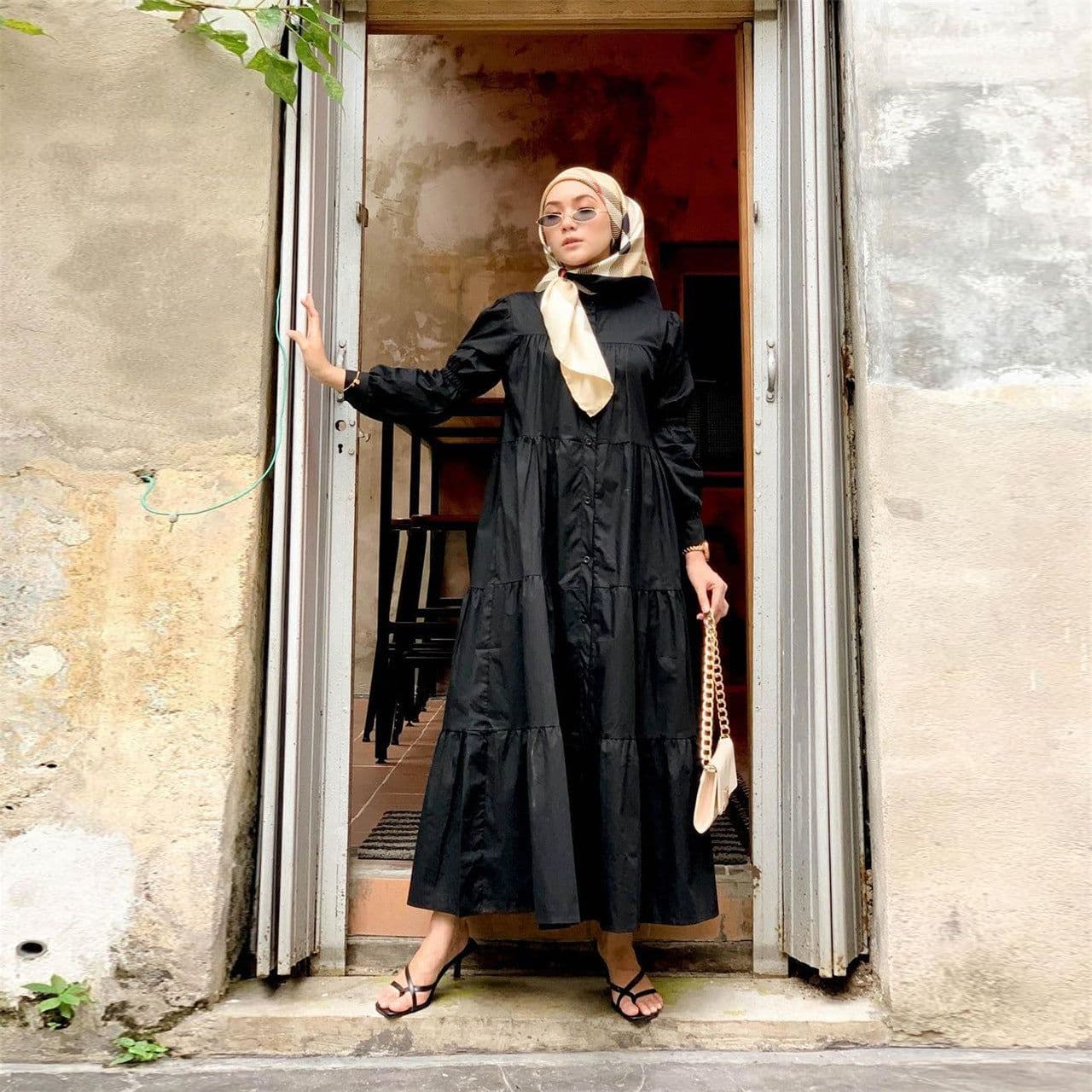 image-Cotton Blend Maxi Dress - Dark Green Puff Sleeves