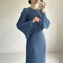 image-2023 Autumn Long Skirt Dress - Brown Pleated Bell Sleeve XXL