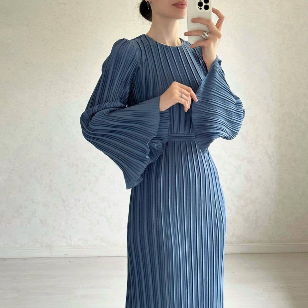 image-2023 Autumn Long Skirt Dress - Brown Pleated Bell Sleeve XXL