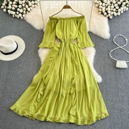 image-Seaside Skirt - Navy Ruffled Chiffon Dress, Commuting, One Shoulder, Midi