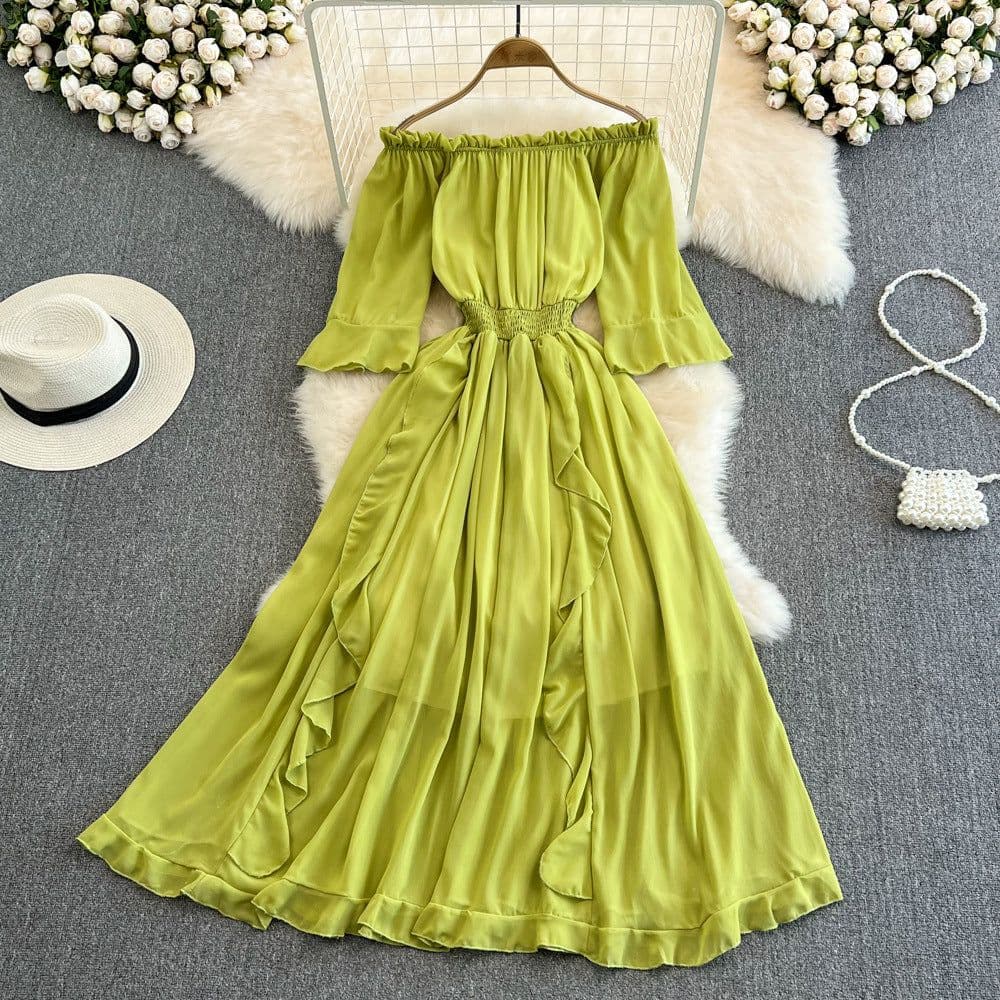 image-Seaside Skirt - Navy Ruffled Chiffon Dress, Commuting, One Shoulder, Midi
