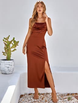 image-Sleeveless A-Line Dress - Brown 3XL Polyester