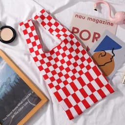 image-2021 Japan and South Korea cross-border checkerboard contrast color knitted shoulder tote bag woven tote bag shoulder underarm bag women
