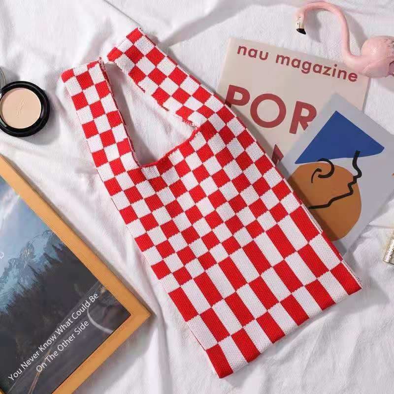 image-2021 Japan and South Korea cross-border checkerboard contrast color knitted shoulder tote bag woven tote bag shoulder underarm bag women