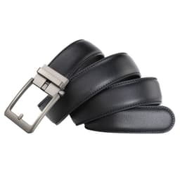 image-Men's Genuine Leather Plaid Snap Belt - Grey, 130cm Automatic Buckle