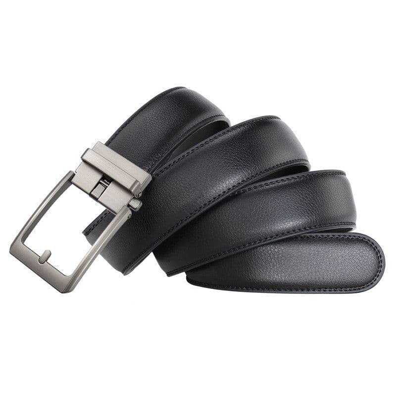 image-Men's Genuine Leather Plaid Snap Belt - Grey, 130cm Automatic Buckle