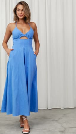 image-Solid Color V-Neck Midi Dress - Sleeveless Cotton Blend