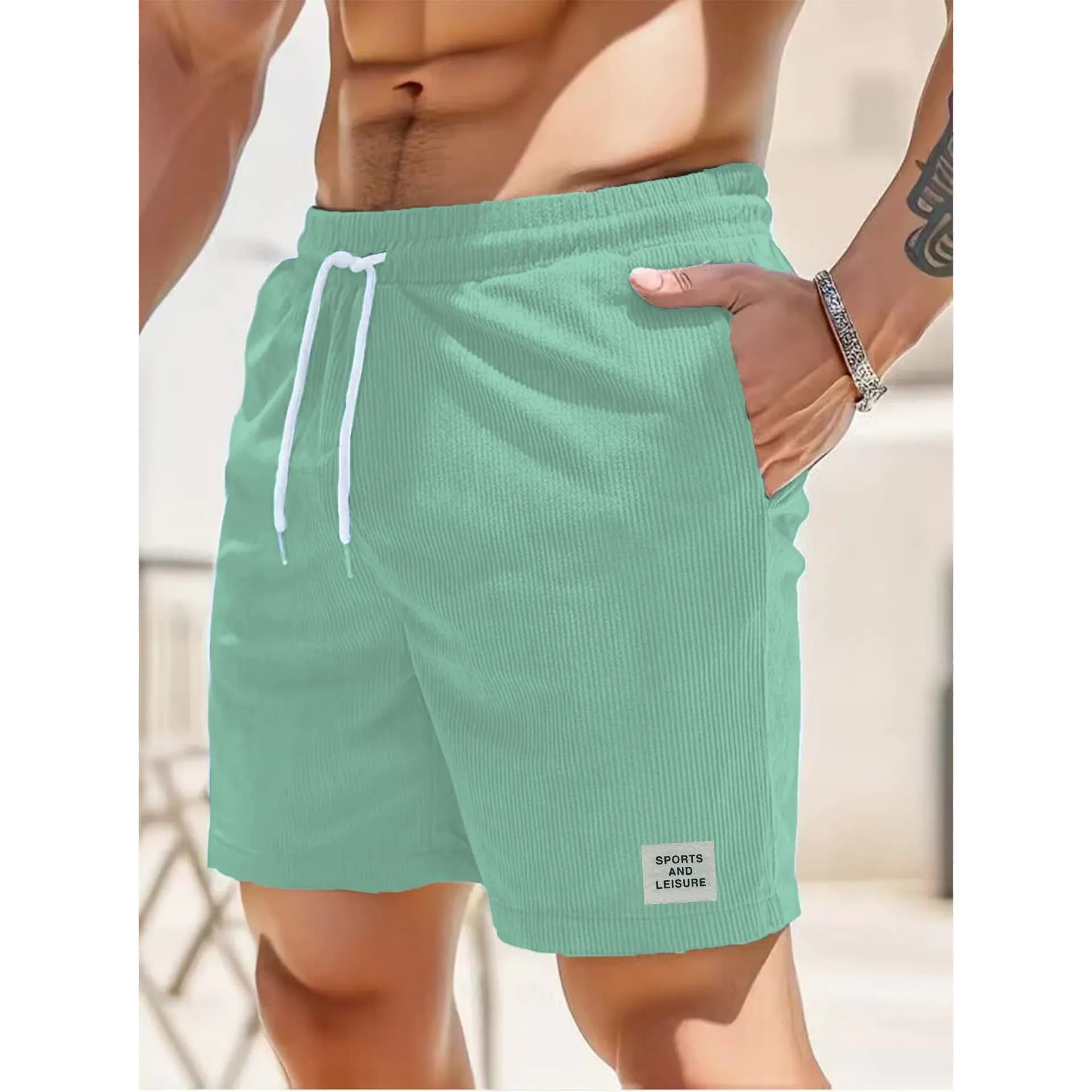 image-Men's Corduroy Shorts Blue Lace-Up Sports
