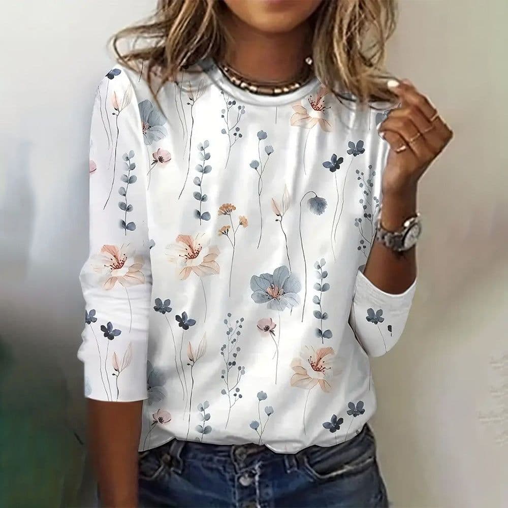 image-Juya 3D Floral Print Long-Sleeve T-Shirt - 6XL Women's Western Style