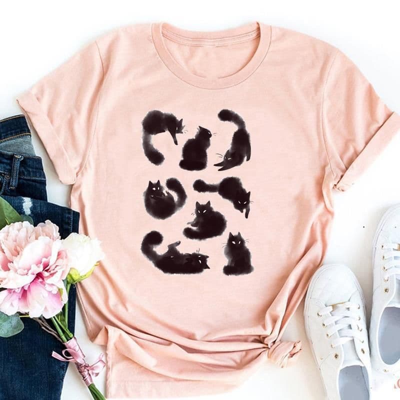 image-Cute Cat Print T-Shirt - Milk Silk 5XL Short Sleeve