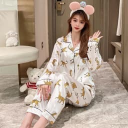 image-Pajamas for women in spring and autumn, high-end imitation silk green fruit collar, fresh floral temperament suit, silk thin satin home clothes