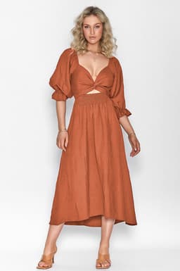 image-Mido Emerald Midi Dress - High Waist Lantern Sleeve