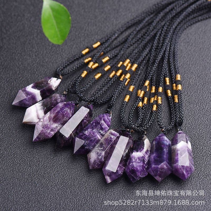 image-Natural fantasy amethyst double-pointed hexagonal prism pendant amethyst rough polished crystal crafts factory wholesale