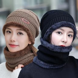 image-Women's Winter Knit Hat with Neck Warmer - Black Acrylic