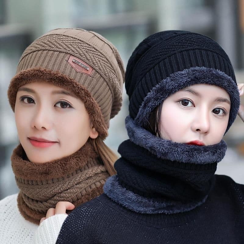 image-Women's Winter Knit Hat with Neck Warmer - Black Acrylic
