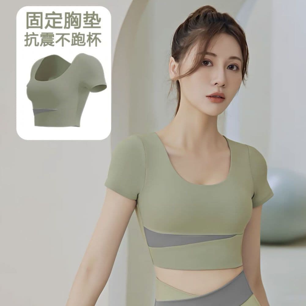 image-Summer new one-piece fixed chest pad sports top yoga pants suit fitness short-sleeved beauty back two-piece set for women