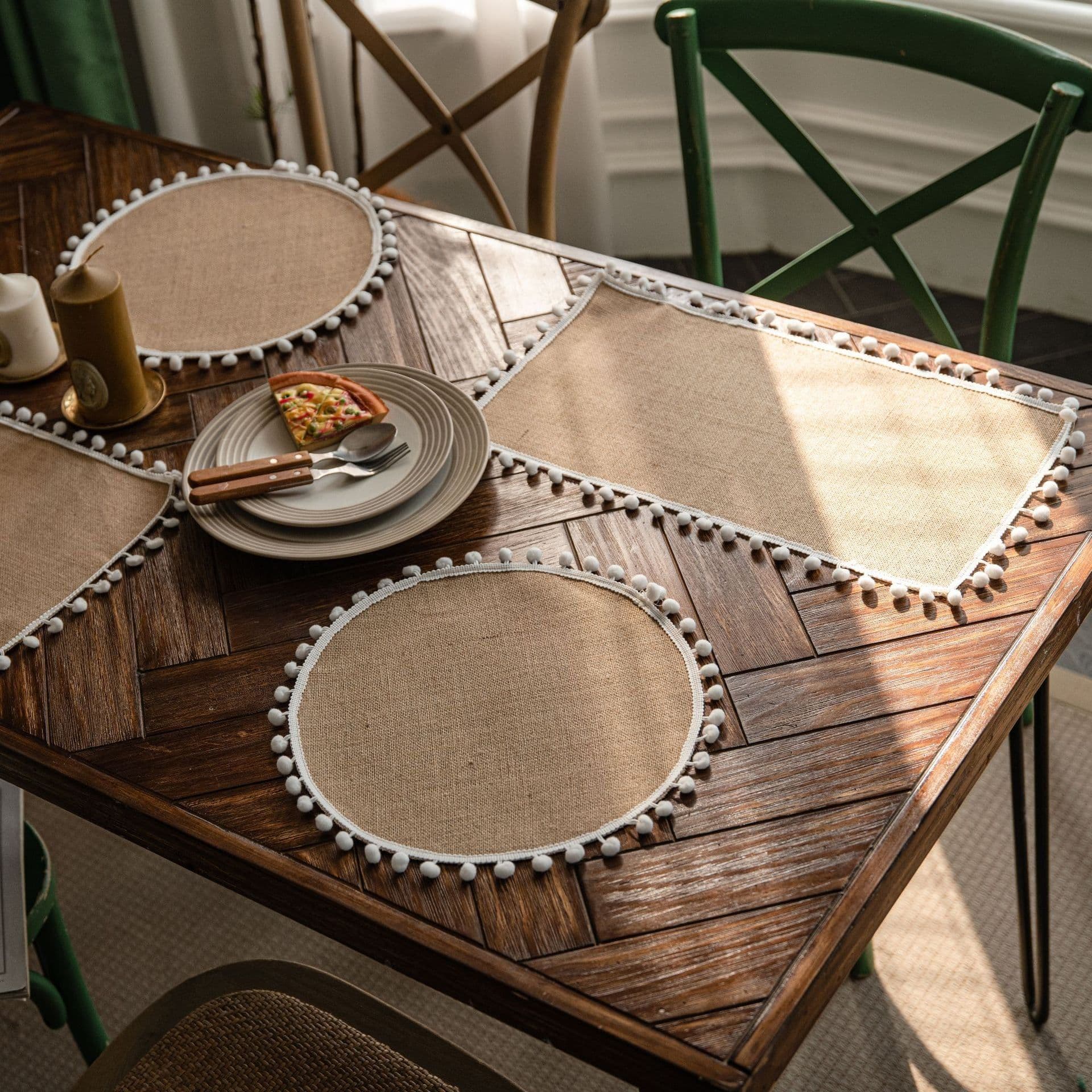 image-Yimanqiyun hemp rope placemat red tassel tableware mat woven color matching festival tassel bowl mat factory direct supply