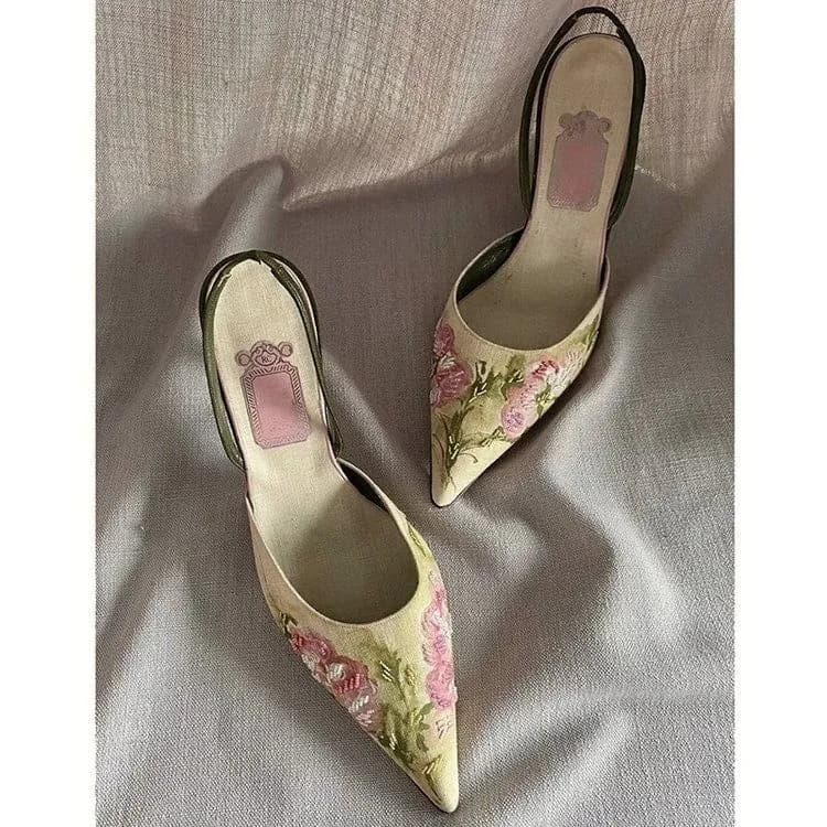 image-Embroidered Pointed Stiletto Heels - Microfiber Closed Toe