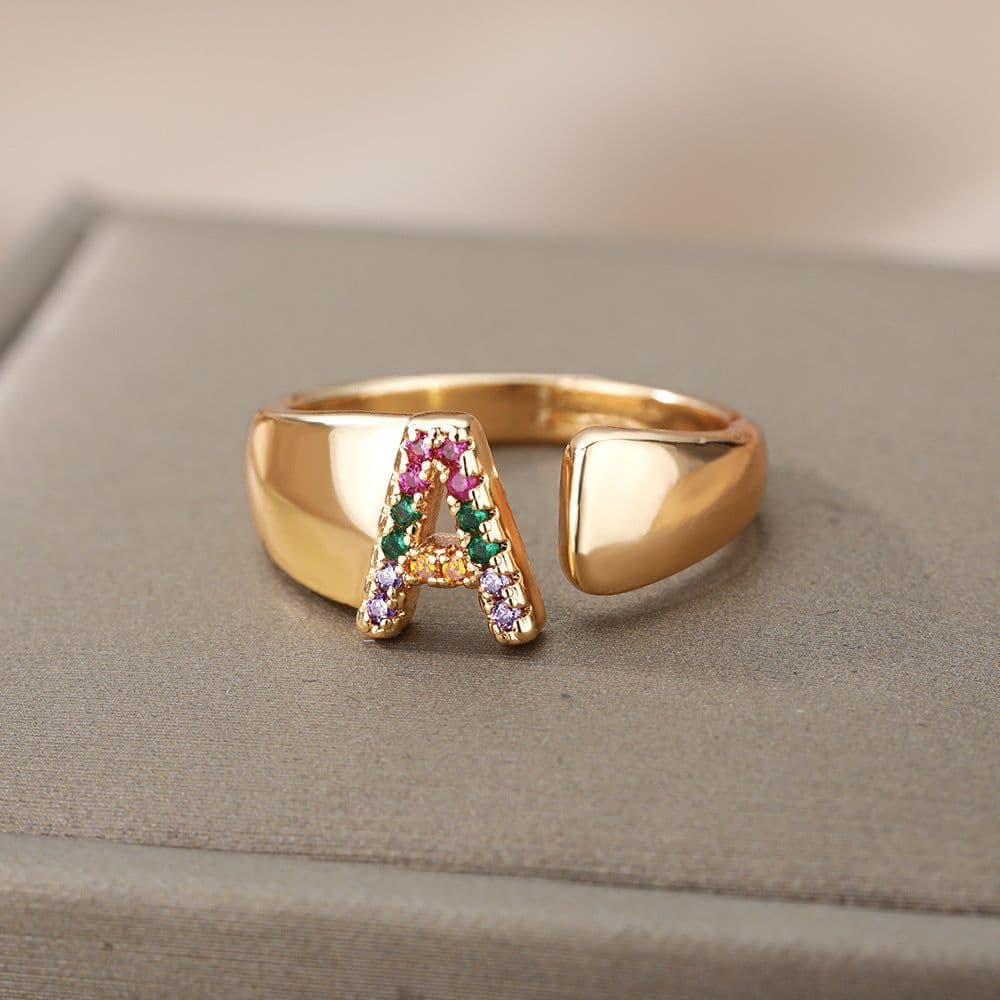 image-Retro Zirconia 26 Letter Adjustable Ring - Personalized Fashion Design