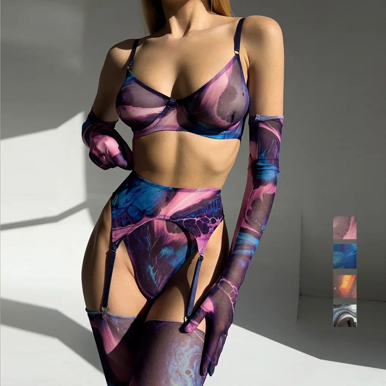 image-Sexy Lingerie 5-Piece Set - Leopard Print Polyester - L Size