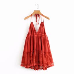 image-Foreign Trade 2022 Summer New European and American V-neck Waist Slim Hem Mesh Stitching Backless Suspender Dress Women