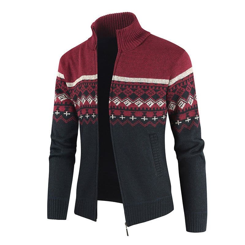 image-Dark Gray Stand Collar Cardigan With Velvet Thickened Knit Sweater Jacket 3XL