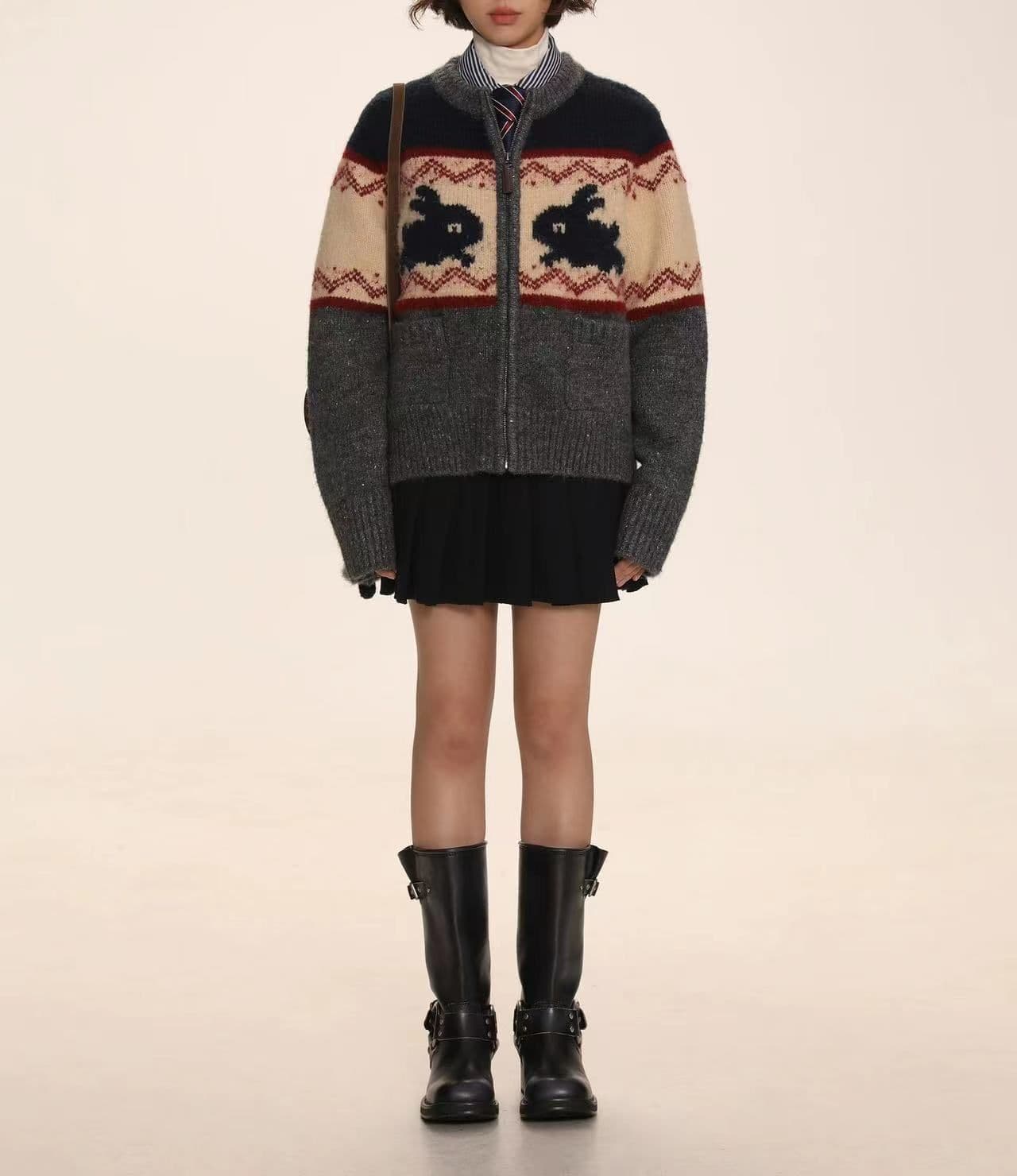 image-Moromoro Rabbit Jacquard Cardigan - Yellow L