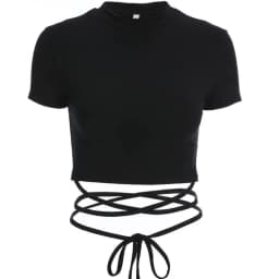 image-Solid color short section exposed navel cross strap short-sleeved T-shirt women's summer all-match tight-fitting slim high waist careful machine top