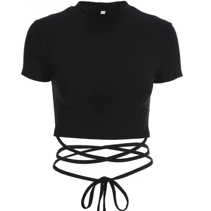 image-Solid color short section exposed navel cross strap short-sleeved T-shirt women's summer all-match tight-fitting slim high waist careful machine top