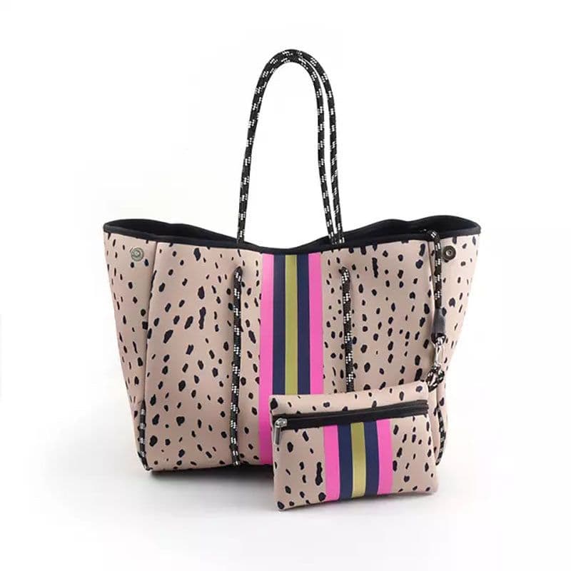 image-Neoprene Leopard Print Beach Bag - Large Capacity Shoulder Tote, Outdoor Handbag