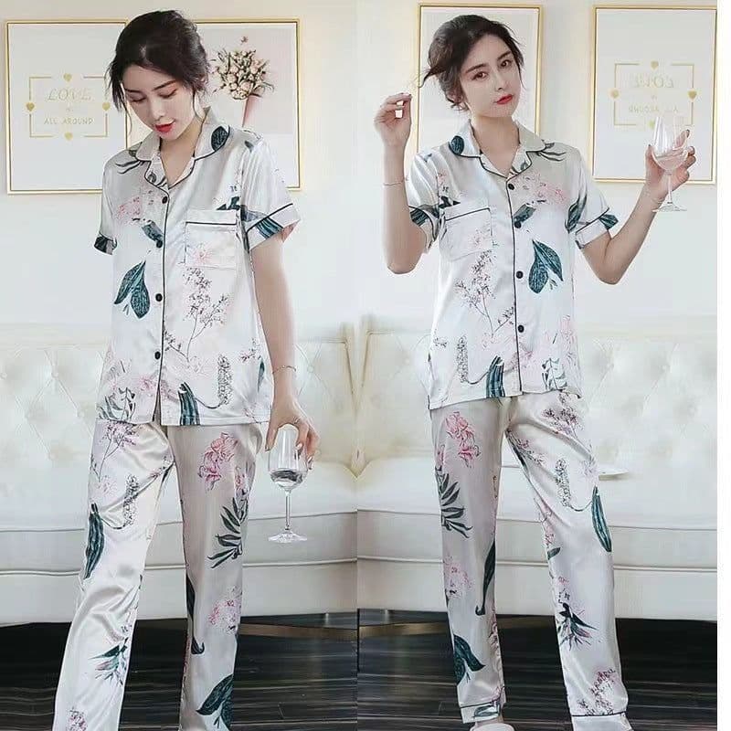 image-Silk Satin Pajamas - Plus Size Short-Sleeved Trousers, 5XL, Double Blue Satin, Comfortable