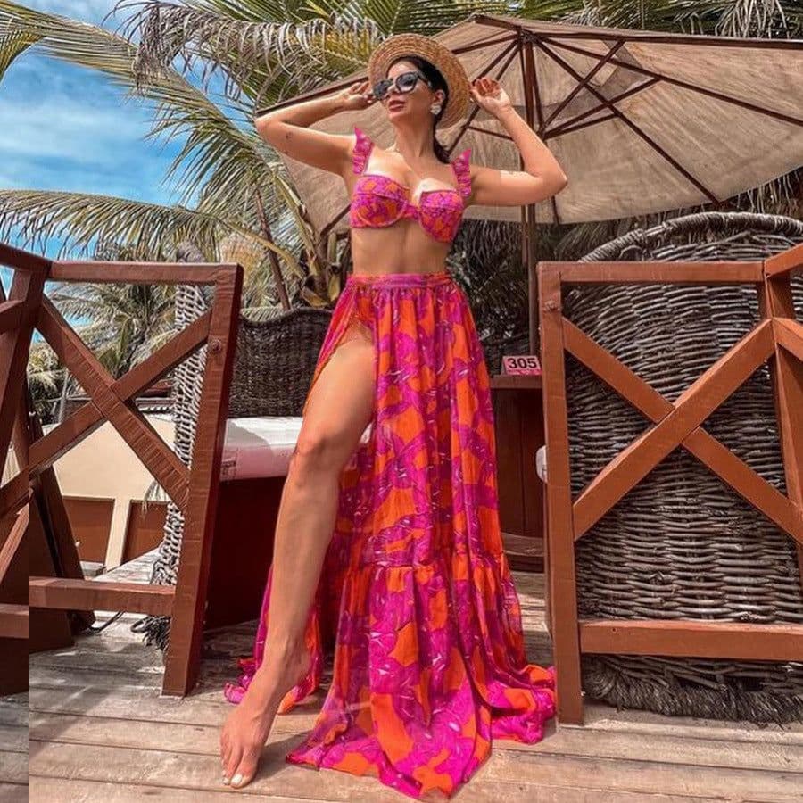 image-2024 European and American new bikini ruffled straps printed high waist split swimsuit and umbrella skirt set