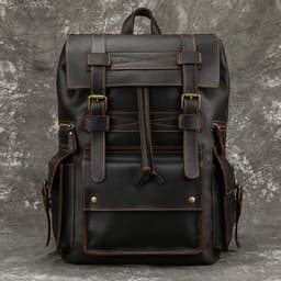 image-European and American Men's Retro Backpack Crazy Horse Leather Student School Bag Large Capacity Leather Travel Bag 16 Inch Computer Bag