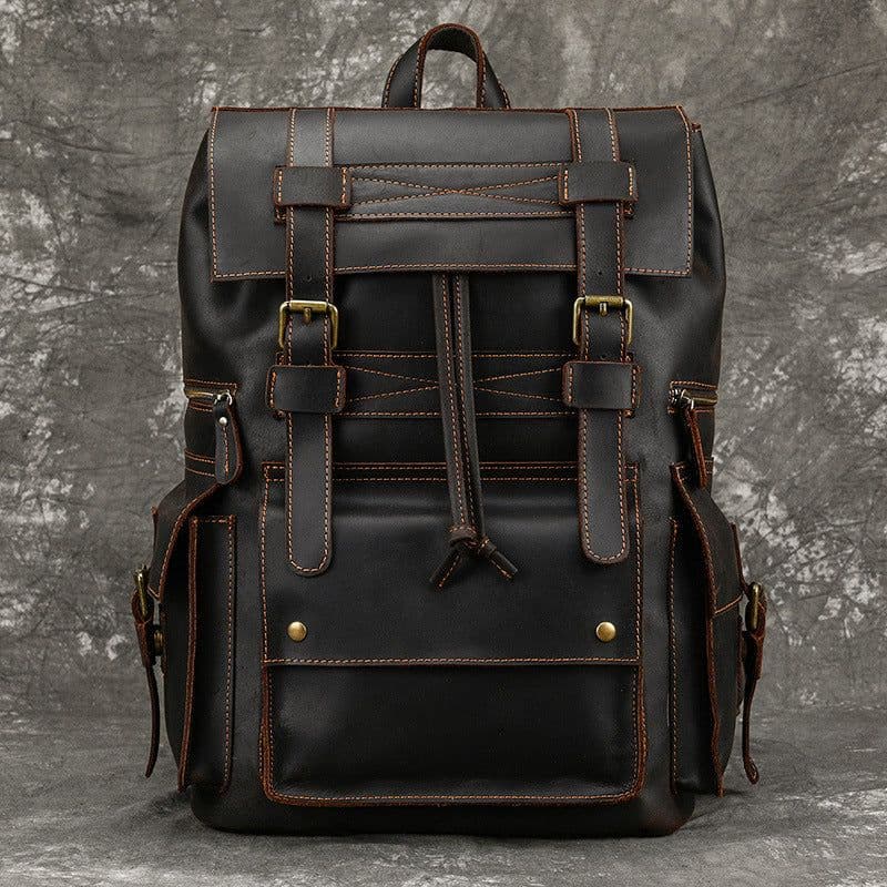 image-European and American Men's Retro Backpack Crazy Horse Leather Student School Bag Large Capacity Leather Travel Bag 16 Inch Computer Bag